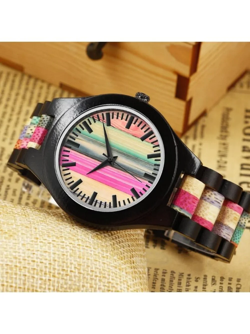 Men's Black&Multicolor Analog Handmade Colorful Bamboo Engraved Wooden Watch